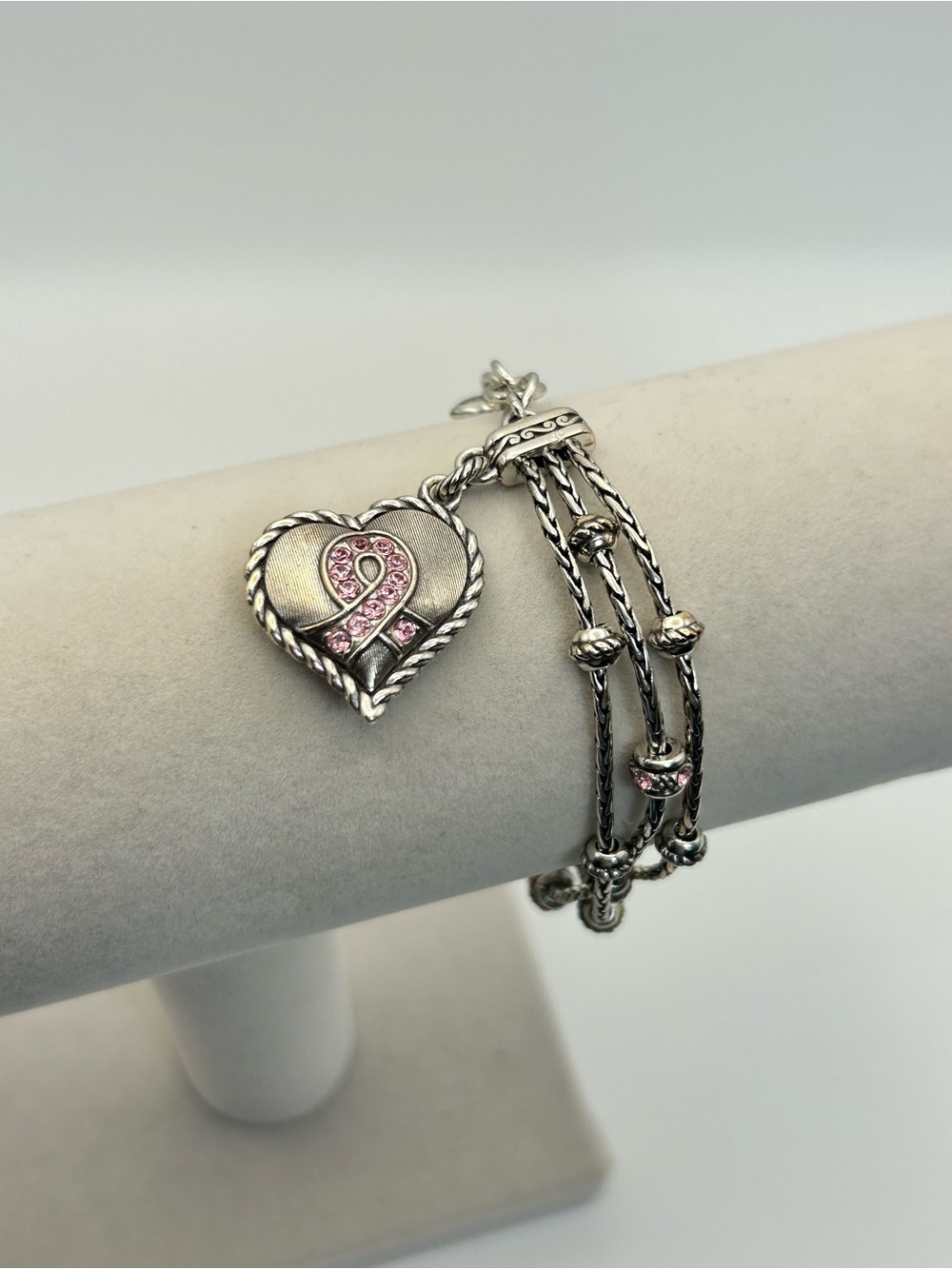 Brighton Power of Pink Heart Charm Bracelet 8" Silver Plated Pink Crystals